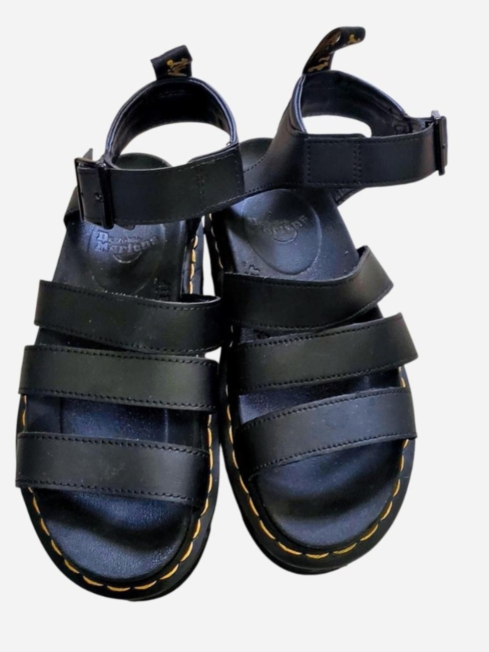 Dr. Martens Kids Black Leather Triple-Strap Sandals with Yellow Stitching